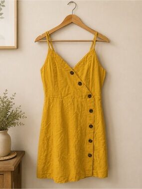 American Eagle Yellow Button Front Linen Blend Mini Dress Size Small